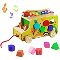 yoptote Xilófono Música de Madera Pull Bus con Formas de Geometría Multifuncional para Niños Mayores de 3 Años